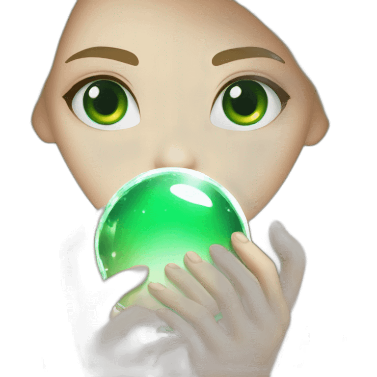 white girl with green eyes, holding white a crystal ball emoji