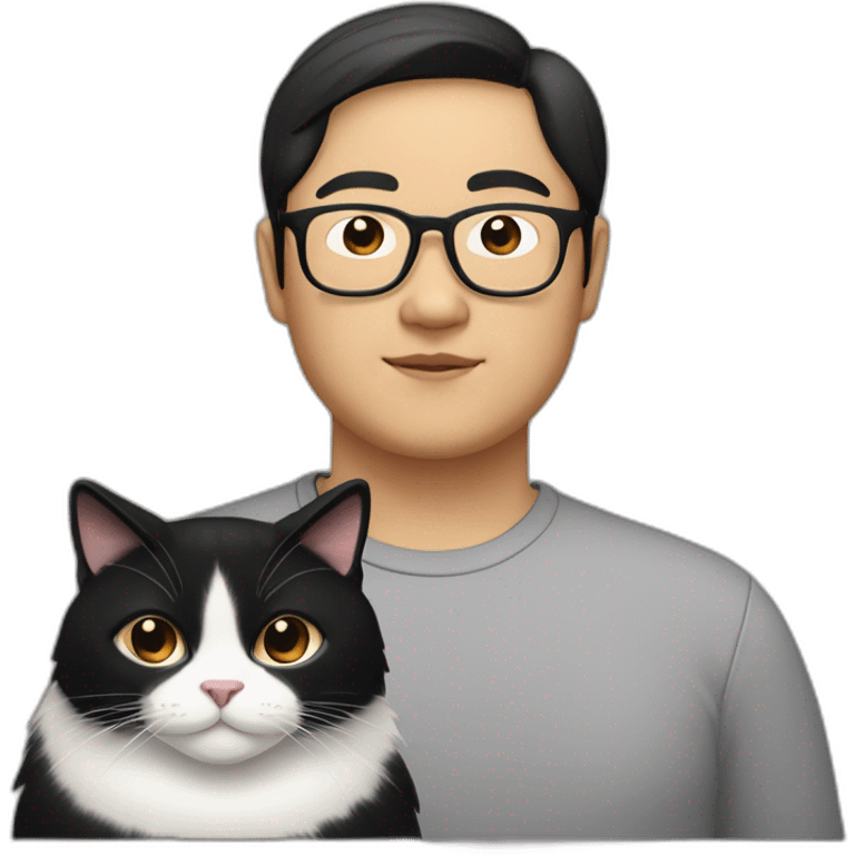 fat tan bespectacled Asian Man with black neck length hair and a black and white cat emoji