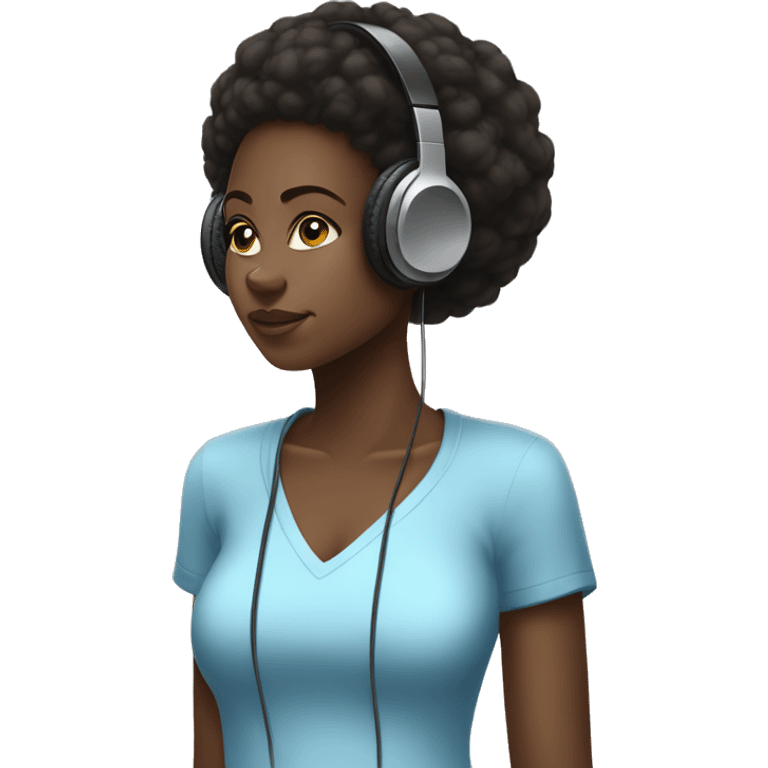 African girl. Black Afro high puff. Wearing white headphones. Listening to music. Wearing a light blue shirt. emoji