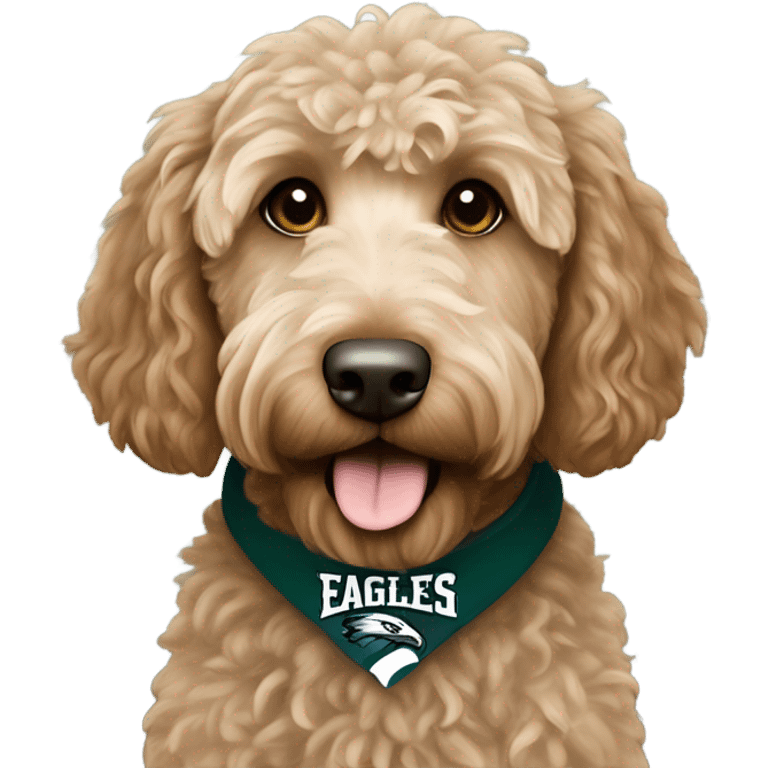 Light brown Labradoodle wearing a Philadelphia eagles shirt emoji