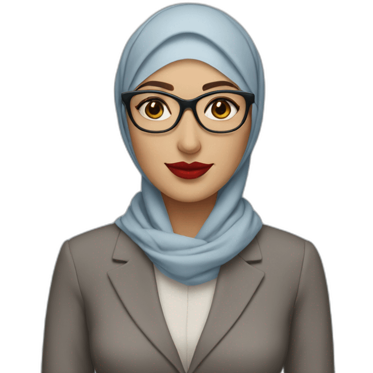 Hijabi white woman with glasses and brown eyes wearing a blue suit and red lipstick emoji