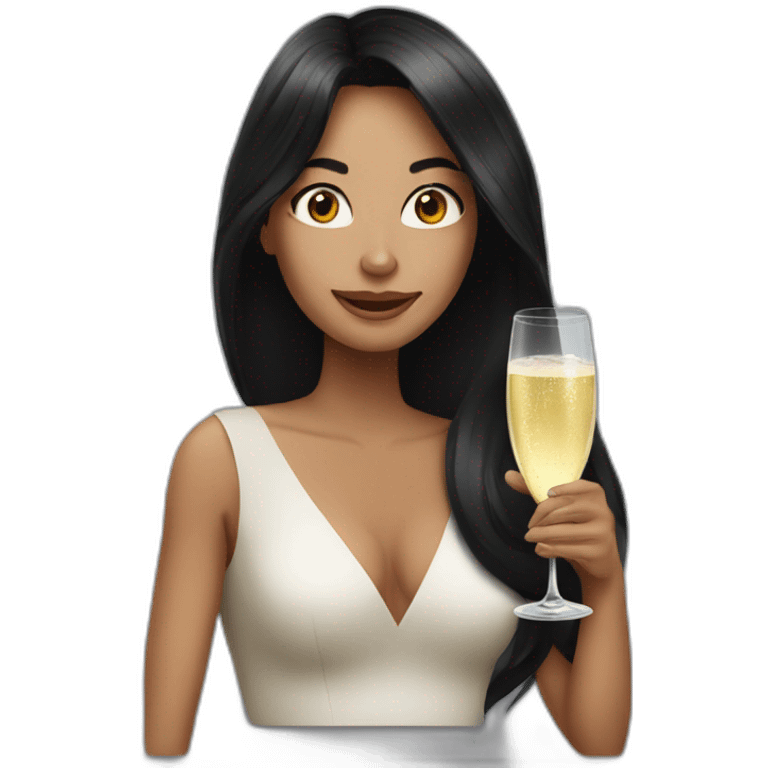 Funny woman with black long hair drinks champagne emoji