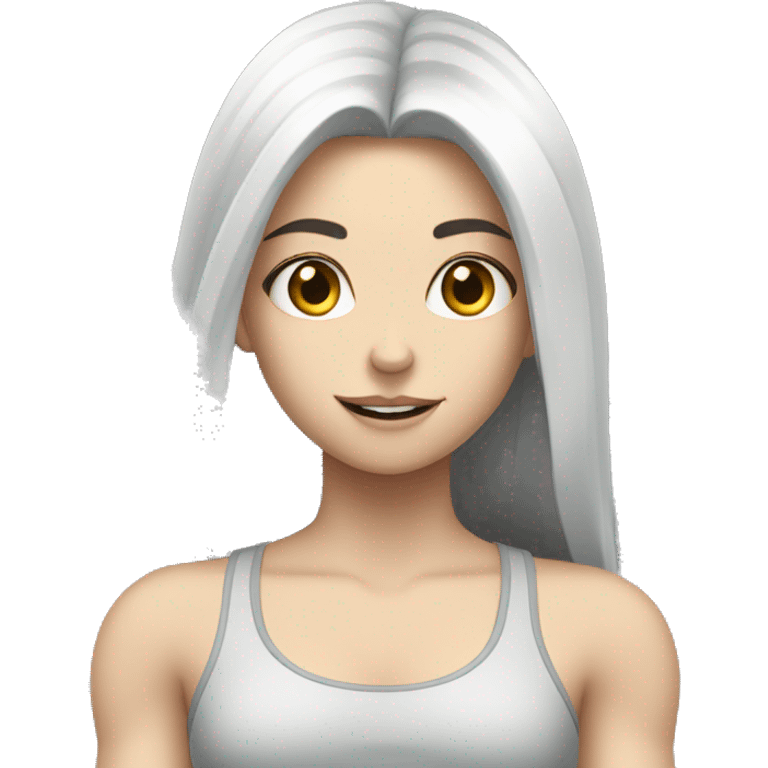 Pale girl with long black hair lifting weights emoji