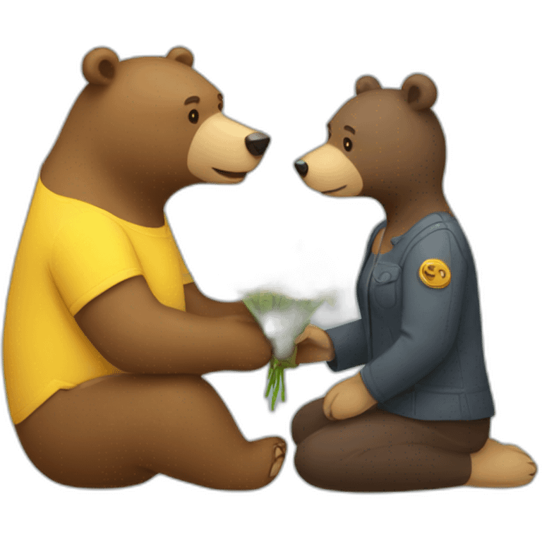 A male bear giving a female bear a yellow flower emoji