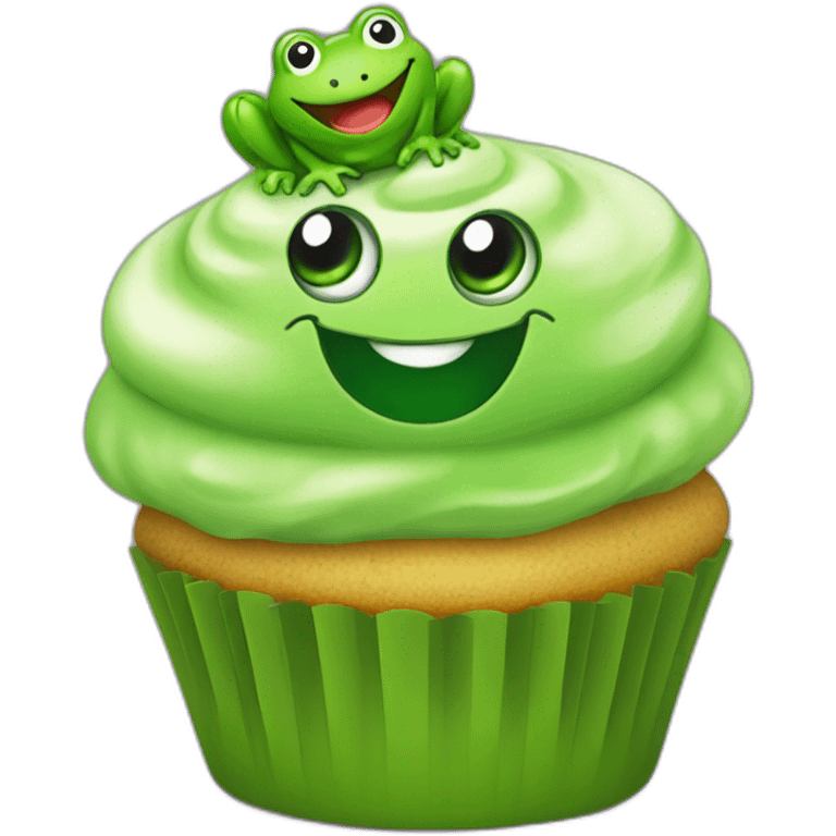 Happy bright green cupcake with a frog face on top emoji