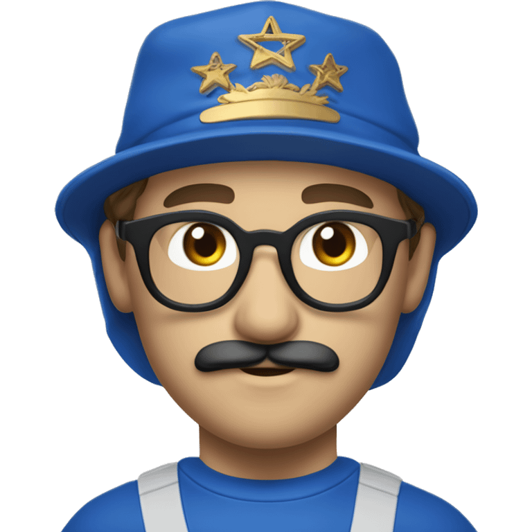 Homme européen yeux bleus avec une moustache portant des lunettes bleues  une casquette jordan bleu un survêtement bleu emoji