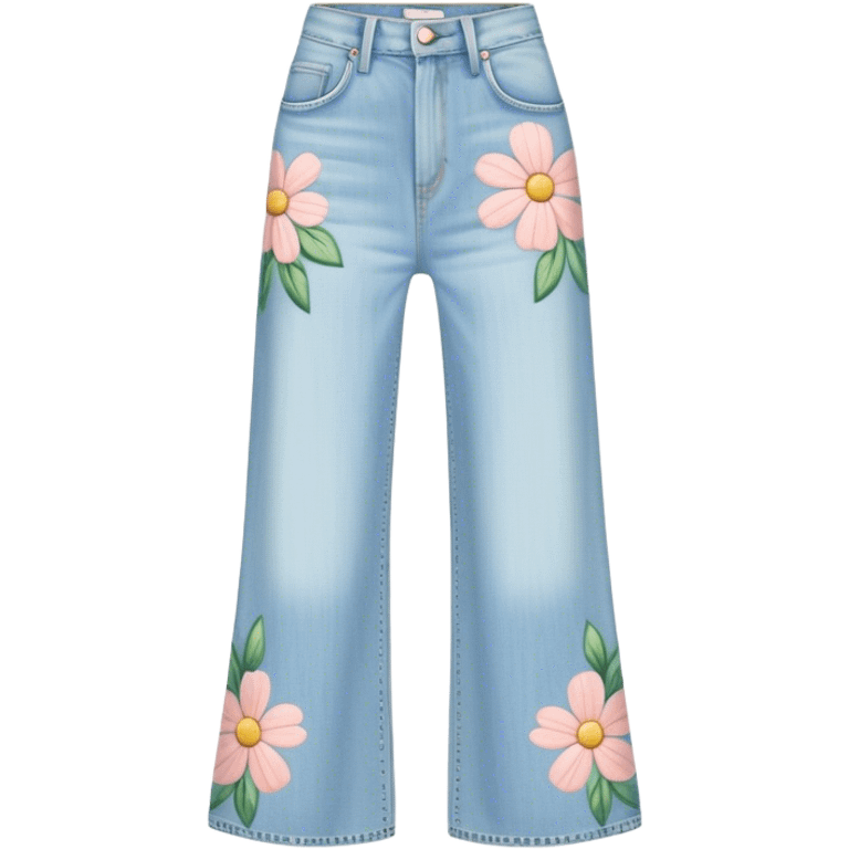 light wash denim wide leg jeans with pastel flowers painted on them on hanger emoji