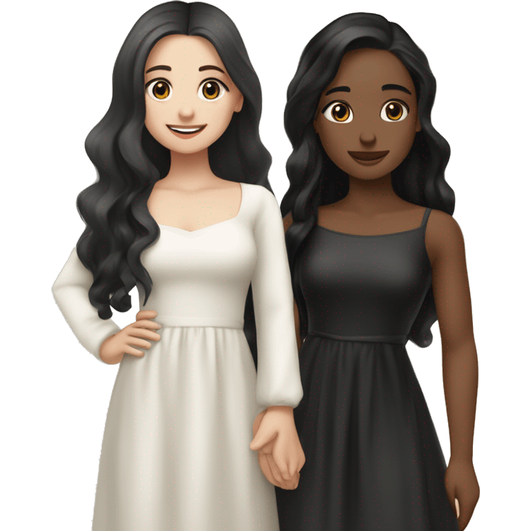 two girl cuddling and smiling one of them wavy long black hair and blue eyes and white skin and the other one has brown long straight hair and brown eyes and white sking both of them beautiful and wearing black cute dress emoji