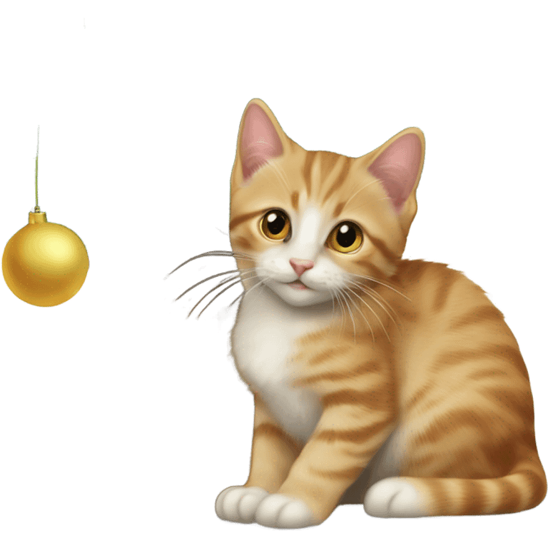 A kitten lies under the Christmas tree, and the tree is the main theme, relatively large, the comparison between the cat and the tree is larger emoji