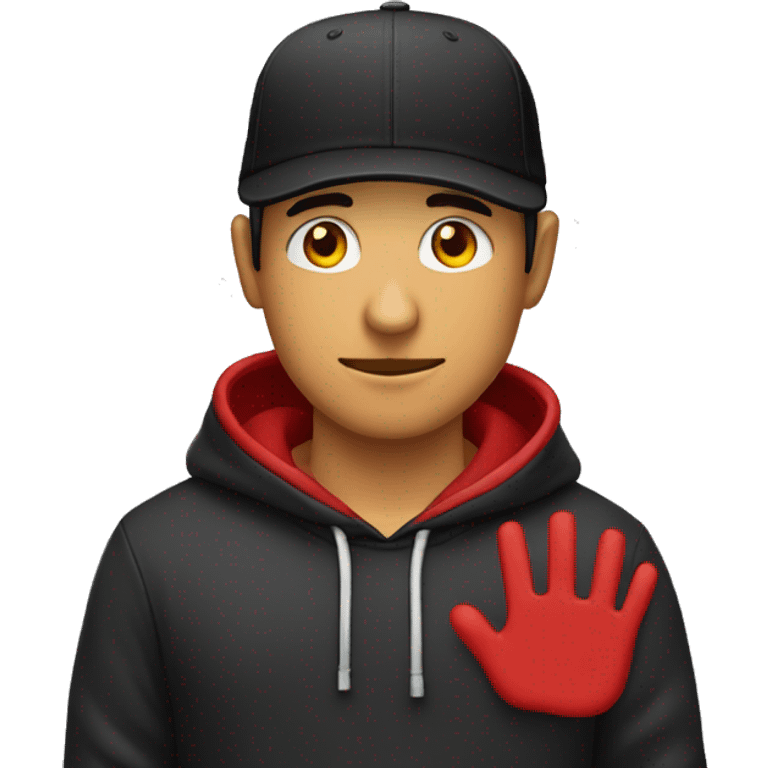 hombre con sudadera negra gorra roja test clara y pasaporte en la mano emoji