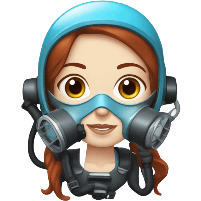 A young woman with red/ brown hair, blue eyes and pale skin with a scuba diving regulator in her mouth and a light blue scuba diving mask on  emoji