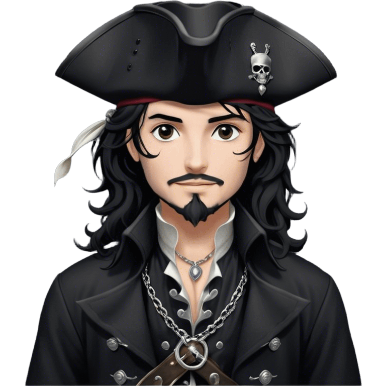 A charismatic pirate with wavy black hair tousled. His black tricorn hat, embroidered with silver, casts a shadow over his confident features. Dark eyes glint with mischief as he gazes to the side, a knowing smile on his lips. His fitted black coat, adorned with silver buttons. A silver chain dangles from his belt emoji