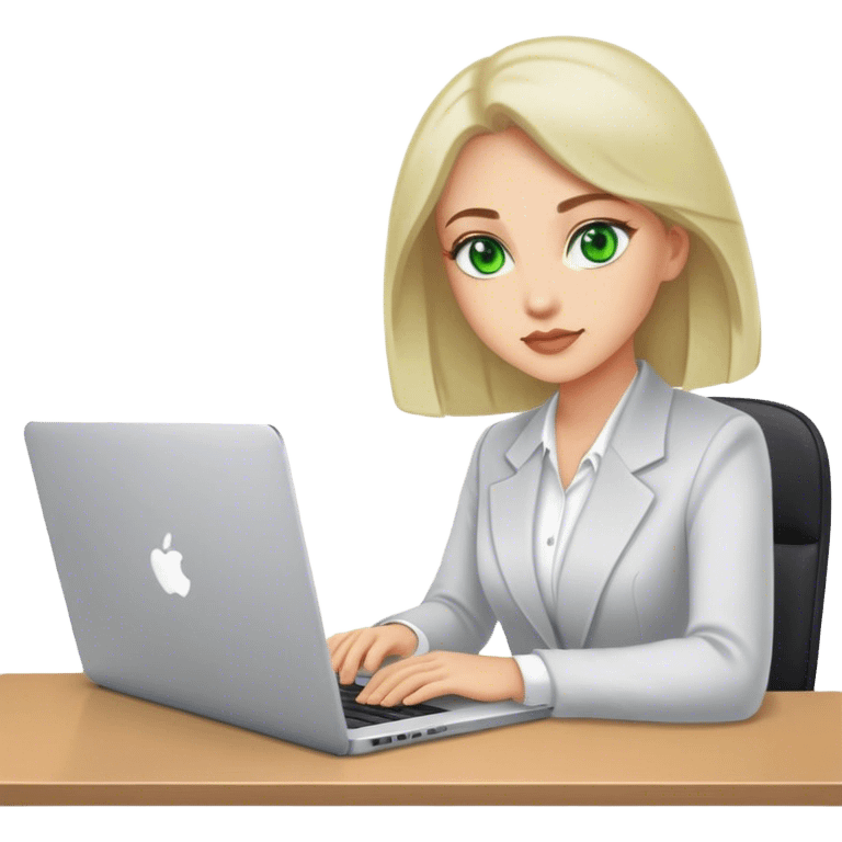 Green eyed woman sat at desk with laptop  emoji