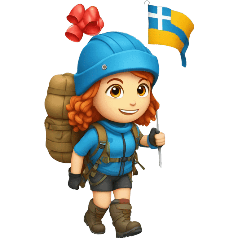 Female winter mountain climber red hair climbing, Greek flag on backpack and holding Easter eggs basket emoji