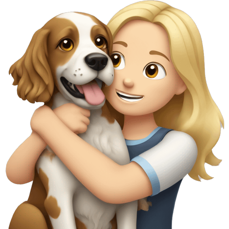 girl with blond hair hugs a spaniel dog emoji