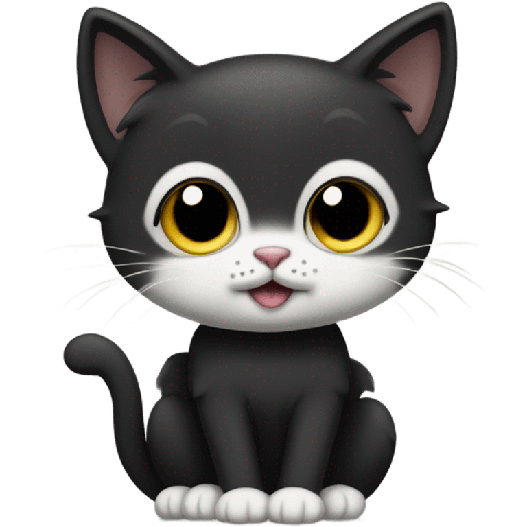 Small, short-haired, black-faced black cat with a white tummy sitting up emoji