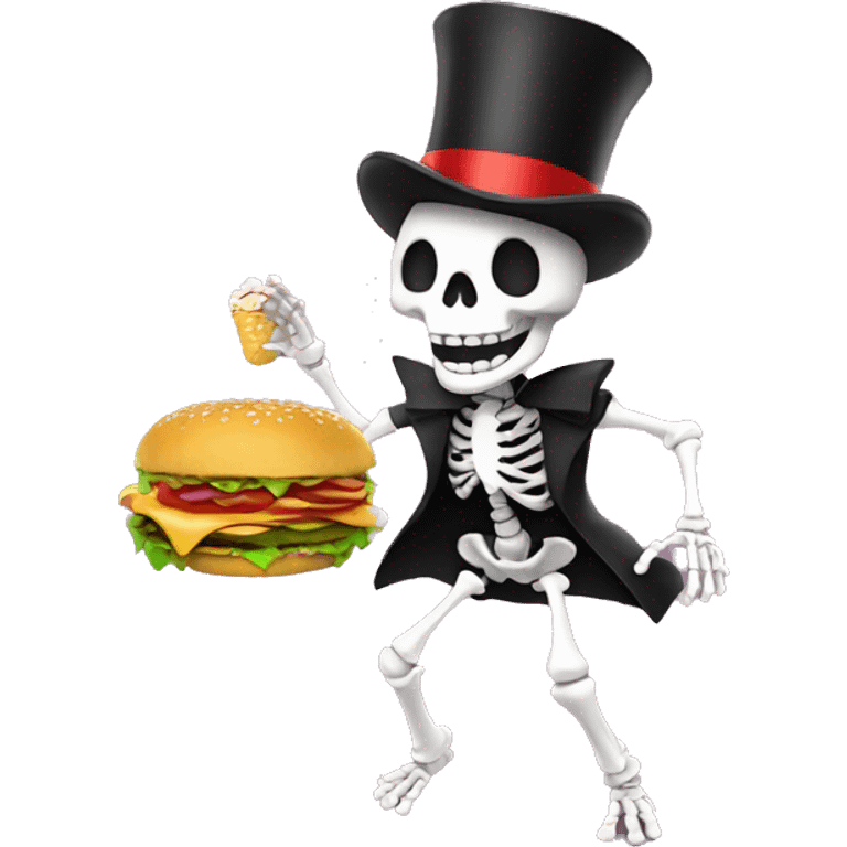 dancing skeleton eating hamburger with a top hat emoji