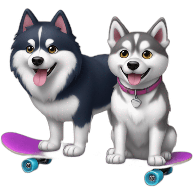 A spitz and a husky with cap on a skate board emoji