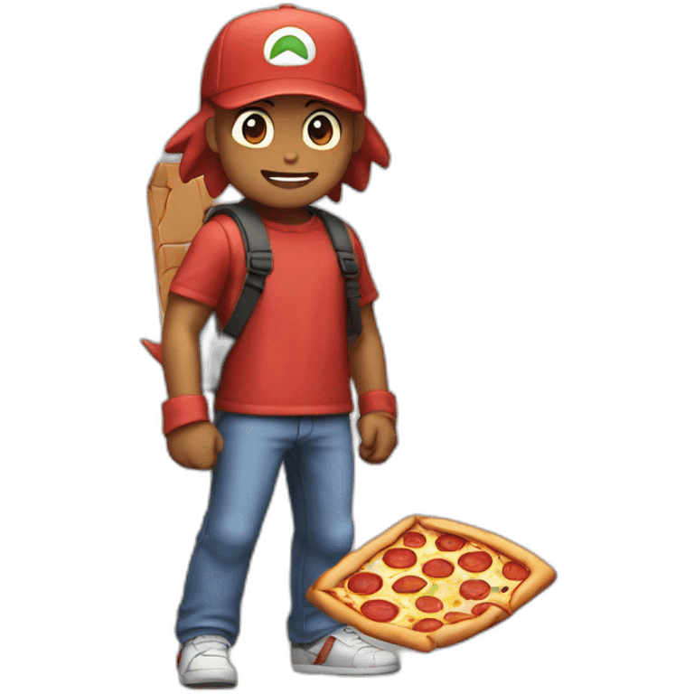 Red Pokemon hero with pizza emoji