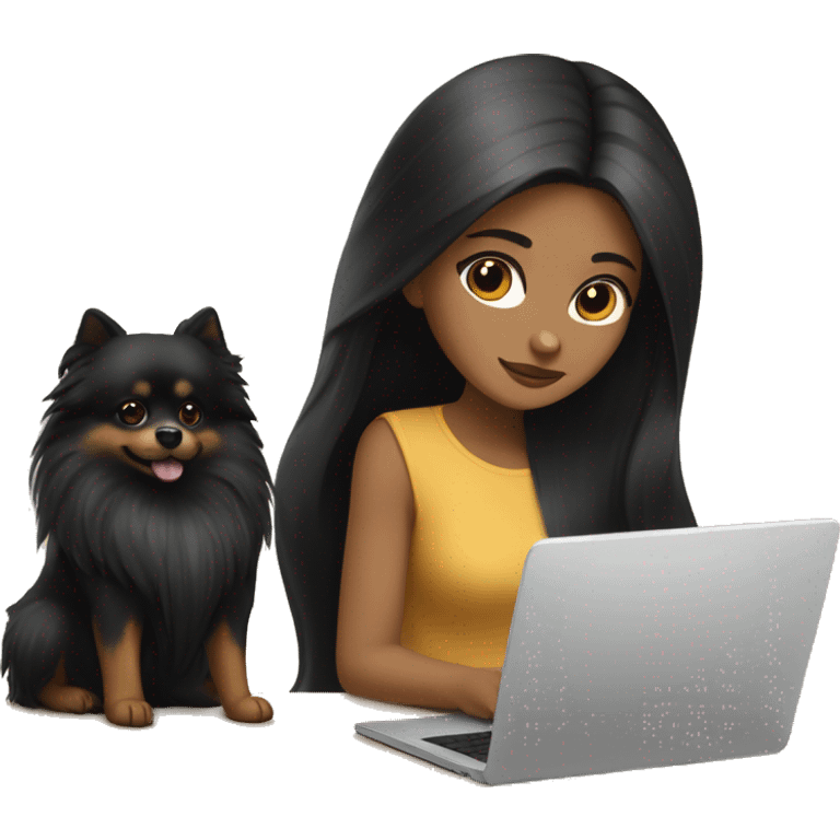 girl with long black hair, white skin, brown eyes, working on laptop, while her black-and-tan pomeranian is next to her emoji