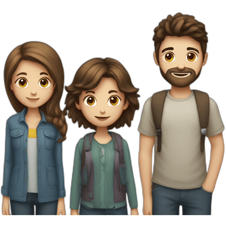 Three friends, a girl with long hair, a boy with short brown hair, a boy with short dark hair and beard emoji