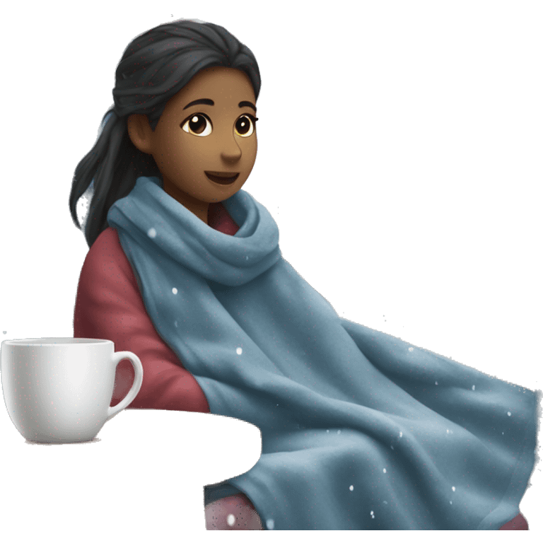 Girl sitting near the window with blanket and tea cup and it snowing  emoji