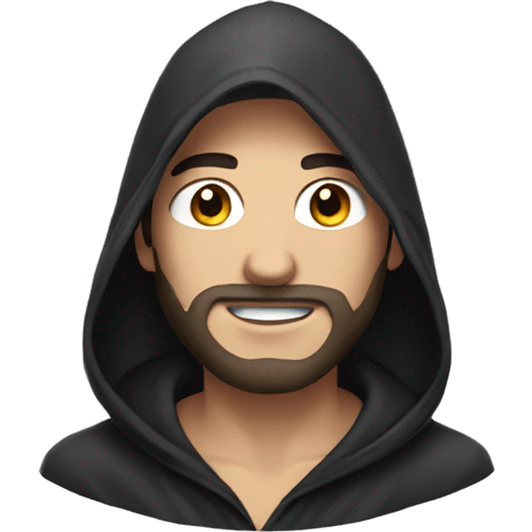 Hooded male portrait, dark hair  led face mask  emoji