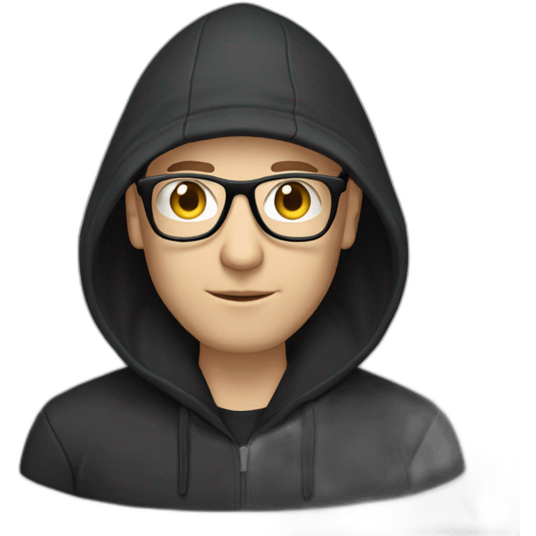 bald white man with glasses and a black beard typing on apple computer wearing a black hoodie emoji