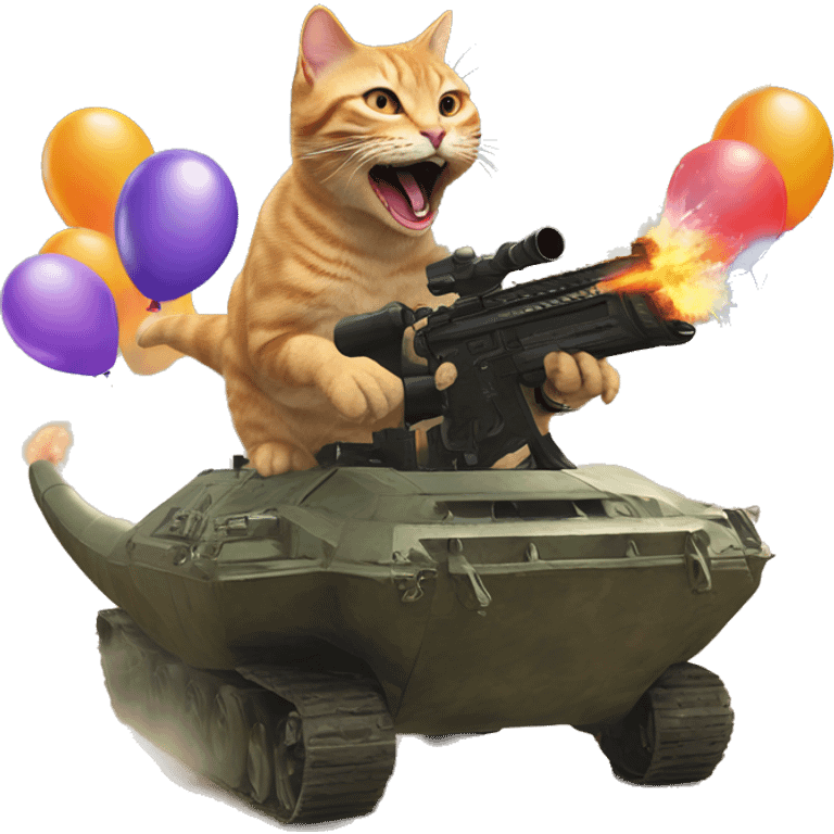 Cat riding a dinosaur while shooting a machine gun at birthday at birthday ballons￼ emoji