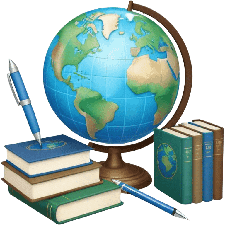 Create an emoji representing language translation. The design should feature just one globe in the background, symbolizing international communication. In front of the globe, place two books or sheets of paper with texs on them and a pen nearby to indicate the act of writing. Use a clean and professional color palette with blues, greens, and neutral tones. Make the background transparent. emoji