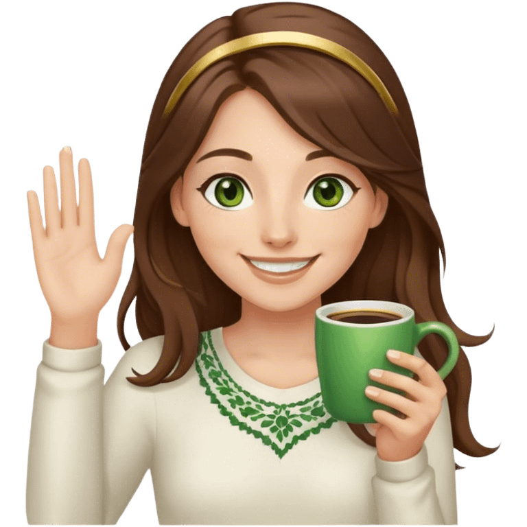 Long, Brown haired girl with middle hair part, green eyes, gold hoop nose ring, smiling, waving with one hand, coffee mug in the other emoji