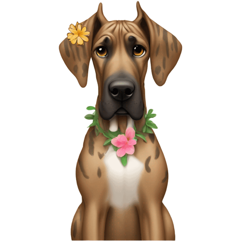 Light brown brindle Great Dane with a flower in her ear, tiger stripes emoji