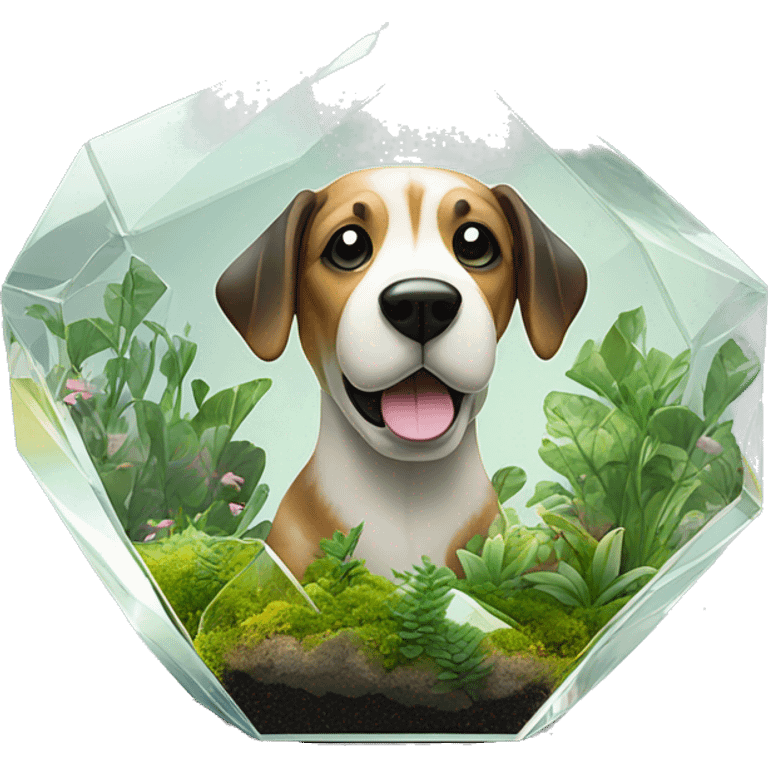 A dog made entirely of glass mirror crystals prisms glass transparent filled with plants as a terrarium emoji