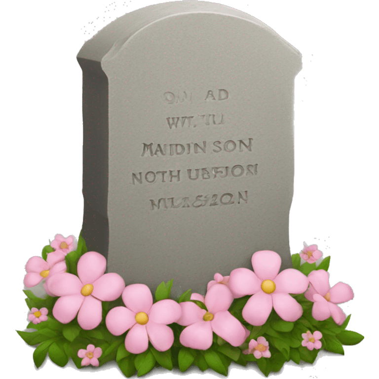 Gravestone with pink flowers that says “Madison walls” emoji