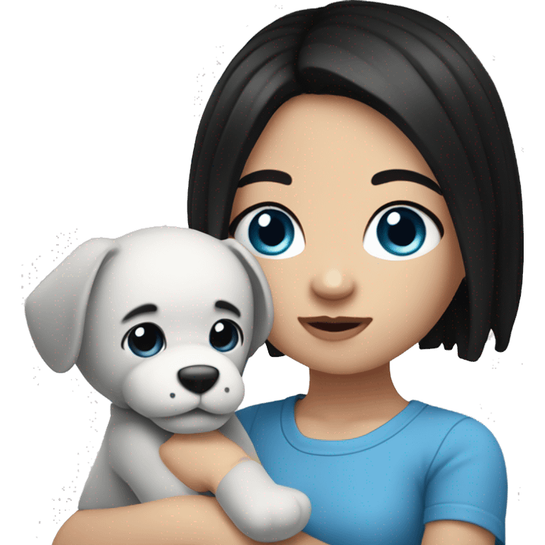 white Girl with black hair and blue eyes playing with plushy emoji