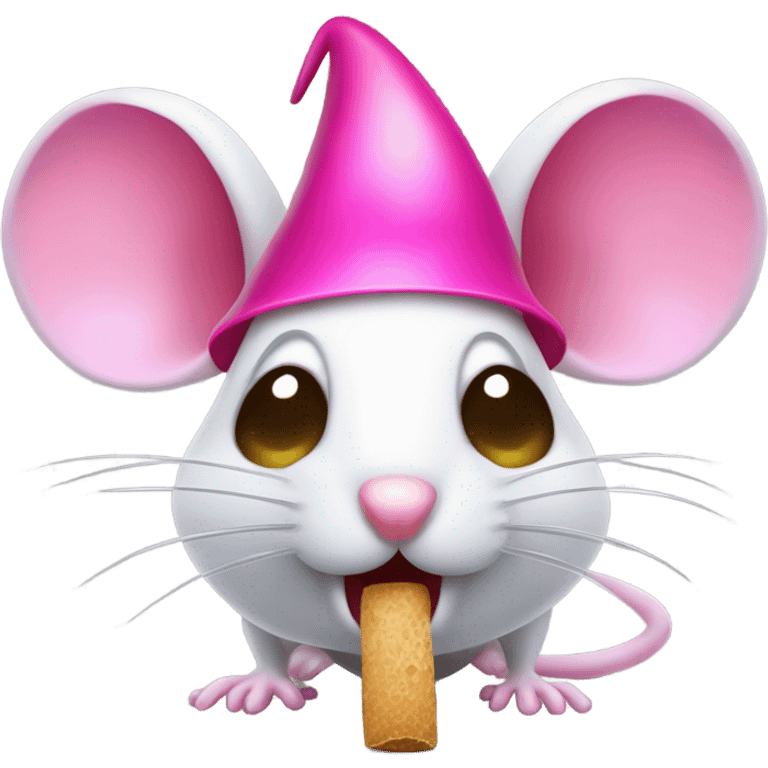 A mouse with full hot pink hair is holding a mushroom by the stem and looking down at it while opening his mouth widely to try to eat the entire cap in one bite. He has long eyelashes too emoji