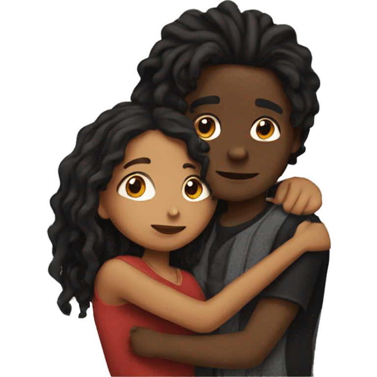 Brown girl with wavy hair hugging black boy who has dreads  emoji