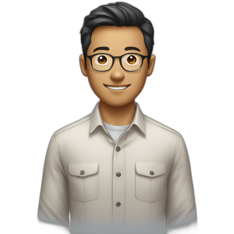 30 yr old smiling chinese man with clear aviator glasses in a button down office shirt emoji