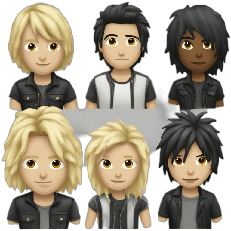 Rock group. The guitarist bas long blond hair. The bassiste short blond haire and the drummer short black hair emoji