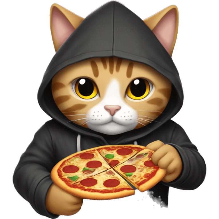 A hooded cat is holding btc in his hand , sweeter and Night-themes, Behind it is written pizza and JR crypto emoji