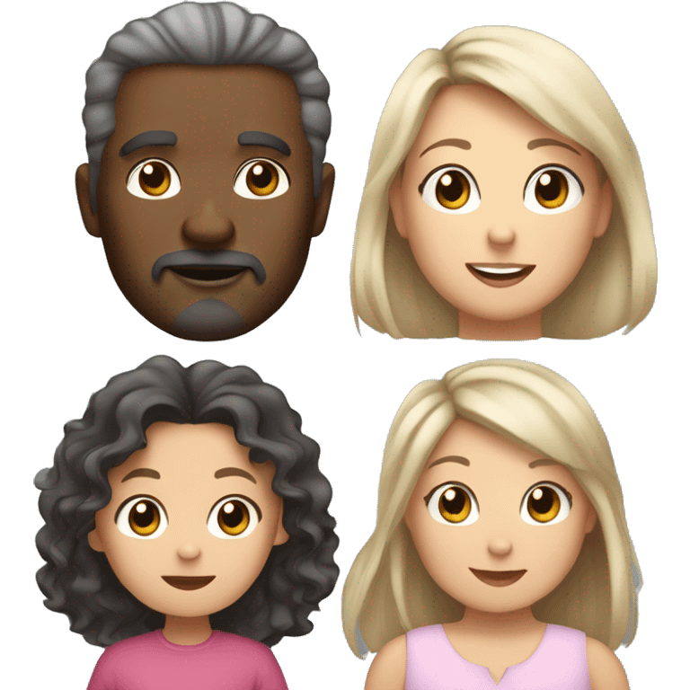 black dad, white brunette (not blonde) mom, mixed skin toddler old daughter and a grey norwegian forest cat emoji