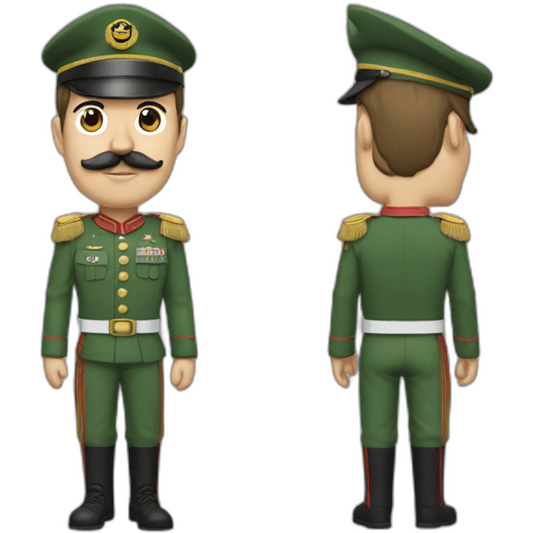 A man with a square mustache a green army uniform that stretches his arm to 120 degrees with hair plated from right to left and black emoji