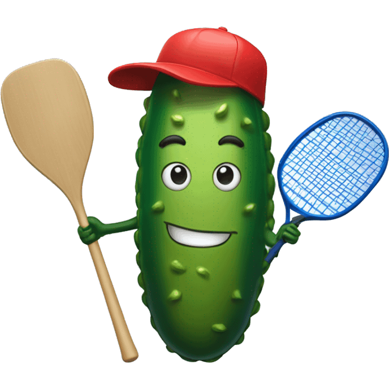 pickle with legs, wearing a jersey, mouth smiling, wearing cap, holding a solid red paddle ball racket, blue backgound, wearing sunglasses emoji