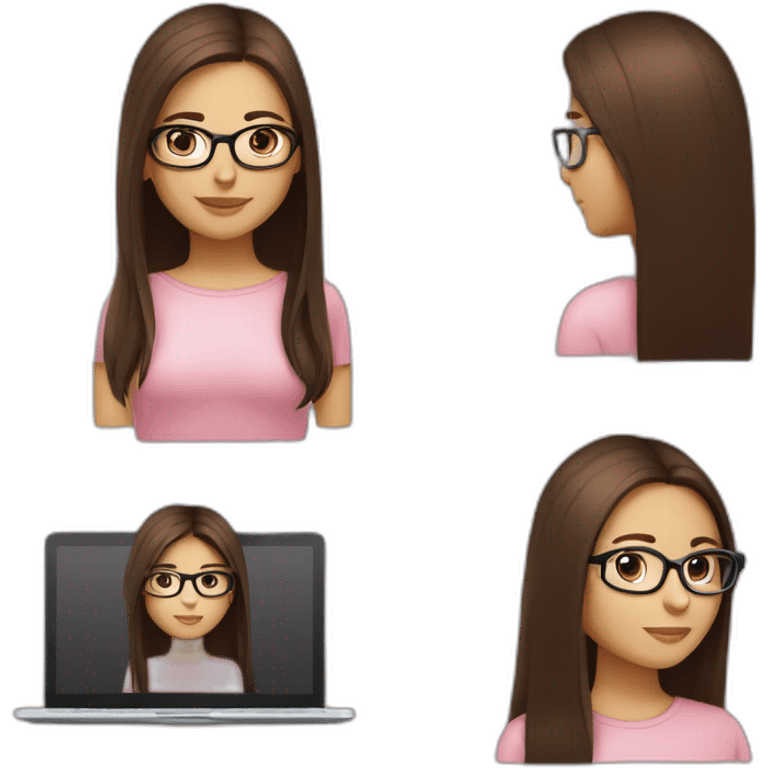 Beautiful woman, white skin, with glasses Color pink nude, with long straight hair dark brown color, dark brown eyes, with a laptop, with basic outfit in nude color and comfy emoji