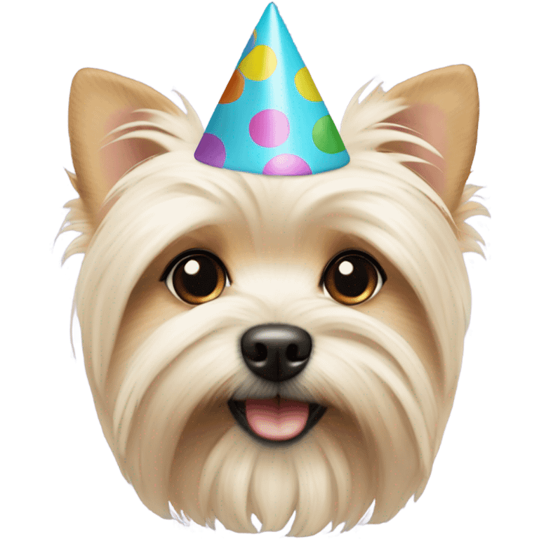 All cream Morkie with party hat cropped ears emoji