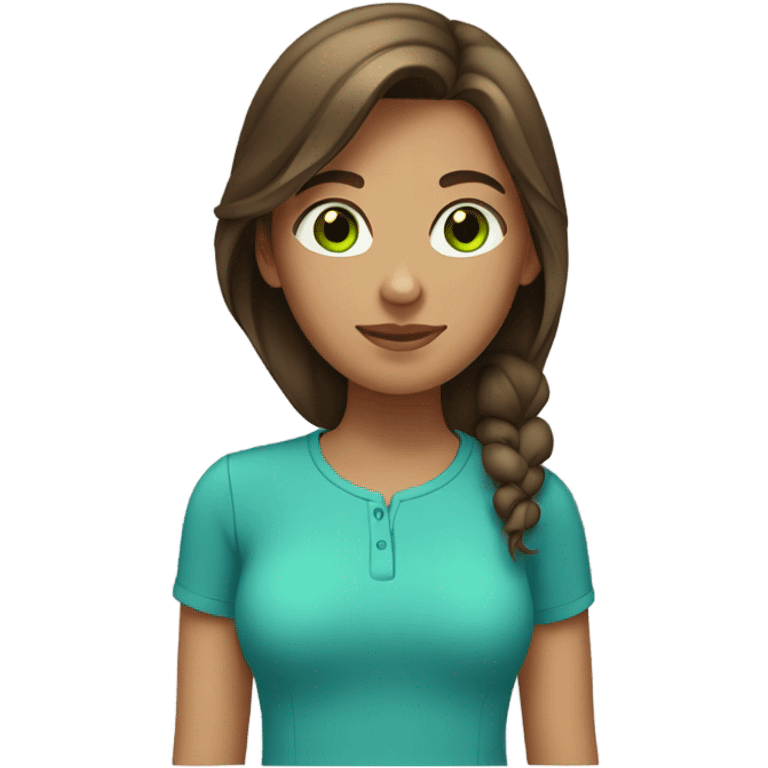 Girl with medium length brown hair, green eyes, tan skin and a blue shirt emoji