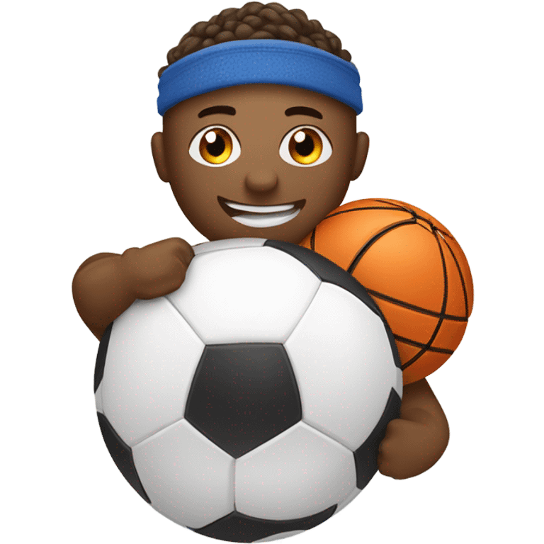 A smiling white emoji face wearing a sports headband, surrounded by a soccer ball, basketball, dumbbell, and yoga mat. emoji