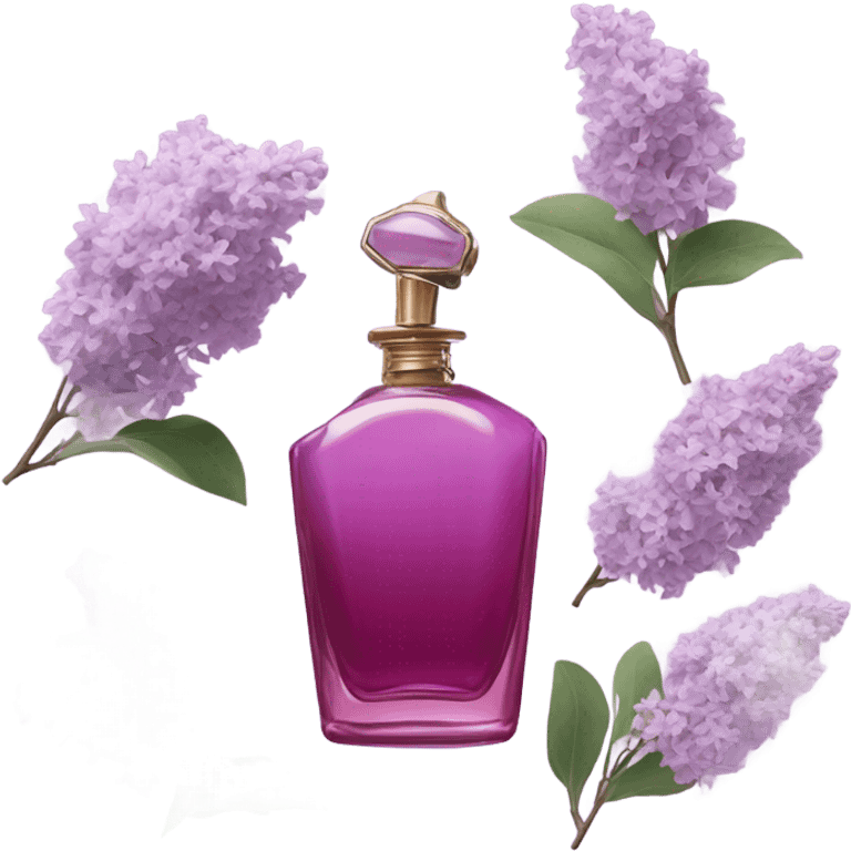 Aesthetic arrangement of pale violet lilacs with a retro-style deep pink perfume bottle.
 emoji