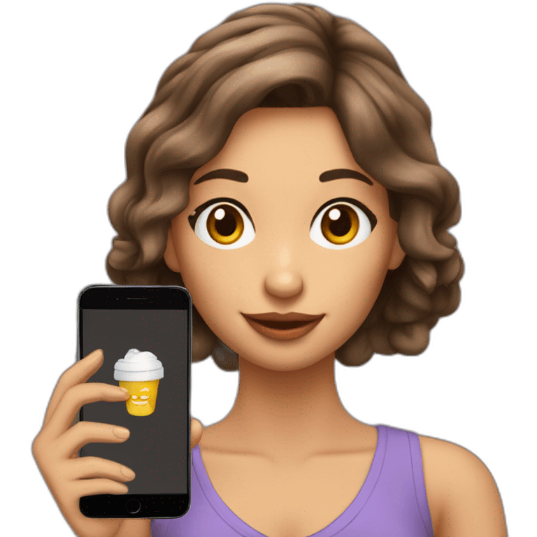 Chica de cabello largo cafe con un smartphone en la mano emoji