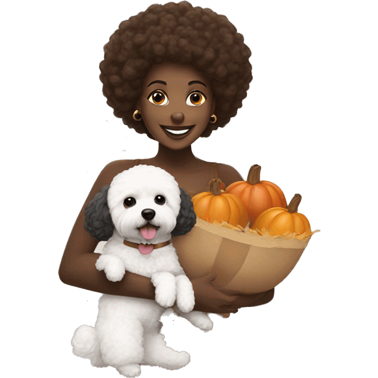 Black woman with a white maltipoo wishing a happy Thanksgiving  emoji